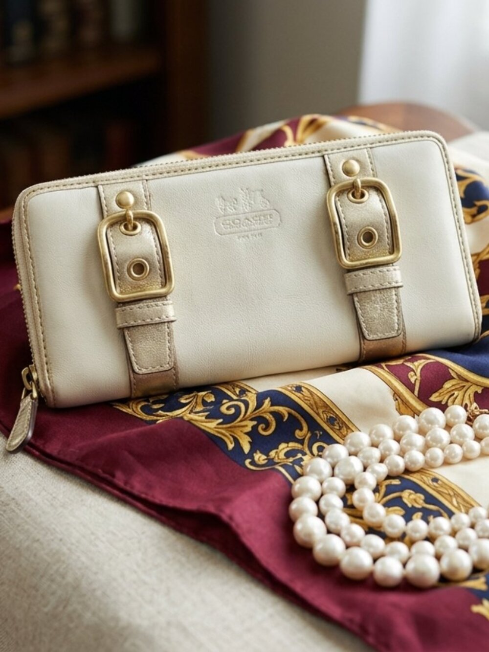 Coach Leatherware Est 1941 Metallic Double Buckle Zip Around Long Wallet Ivory G
